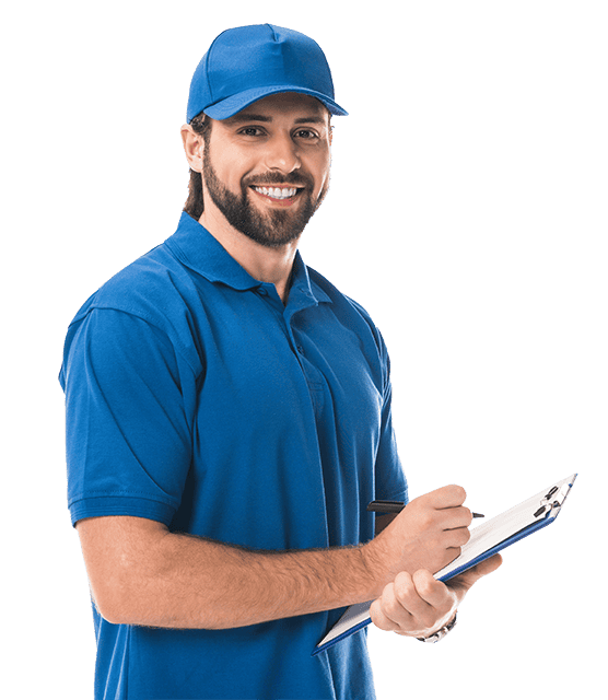 HVAC technician in blue uniform holding clipboard, smiling, ready to service your heating and coolin.
