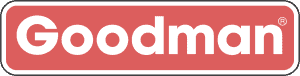 Goodman logo with white text on a red background, rounded corners, and a thin black border.