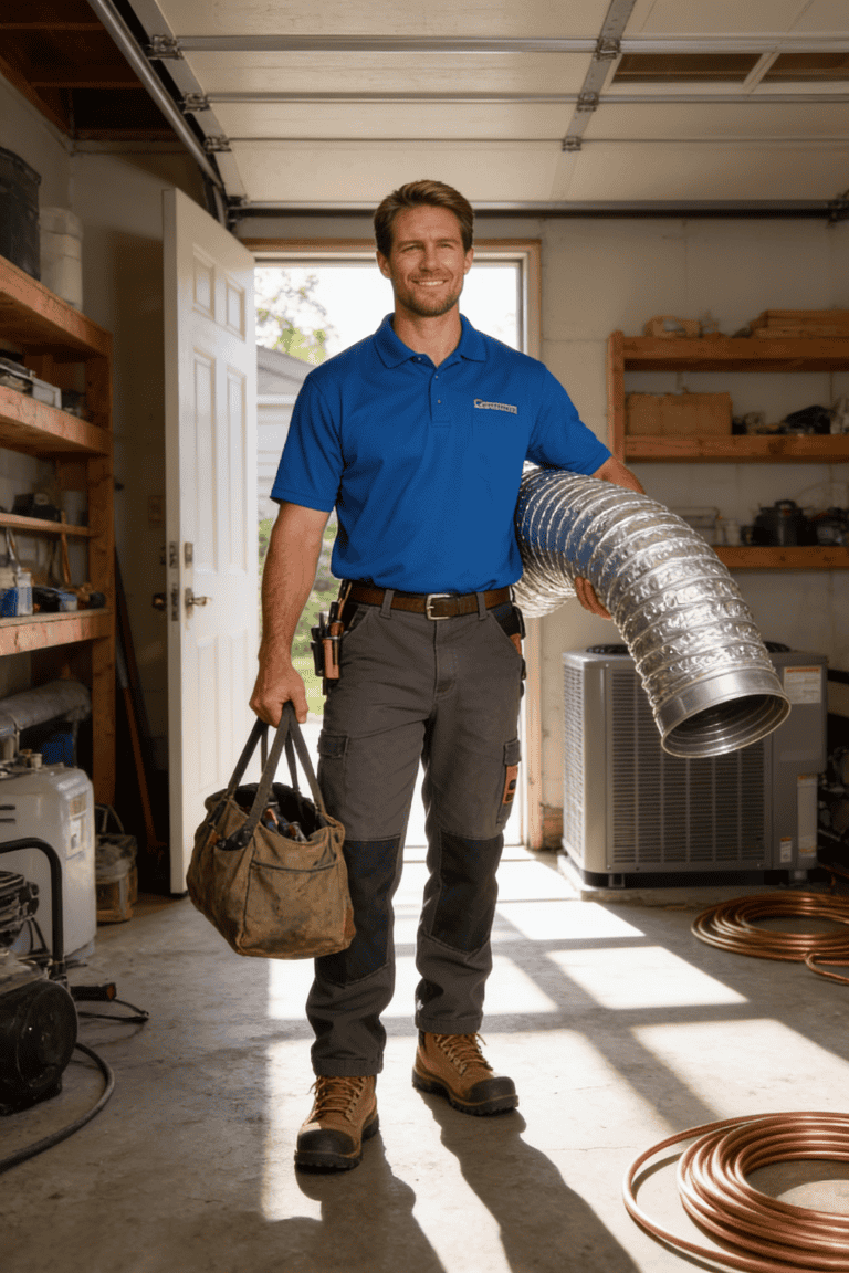 A technician in work clothes stands in a garage holding a tool bag and a flexible metal duct, with HVAC equipment visible in the background.