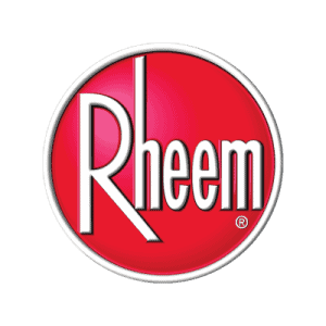 Rheem logo showing the word "Rheem" in white letters with a stylized capital "R" on a red circular background.